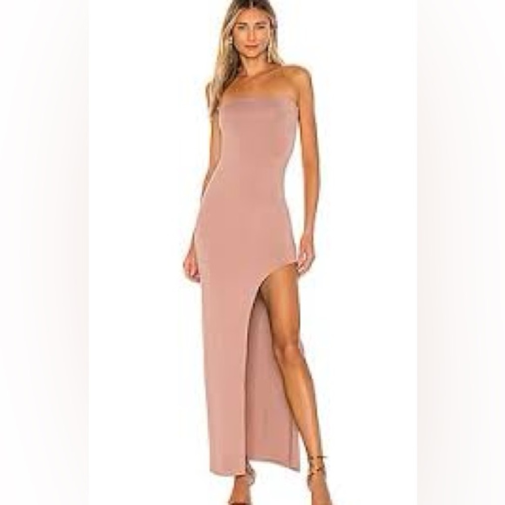 Revolve - nude strapless high slit dress.